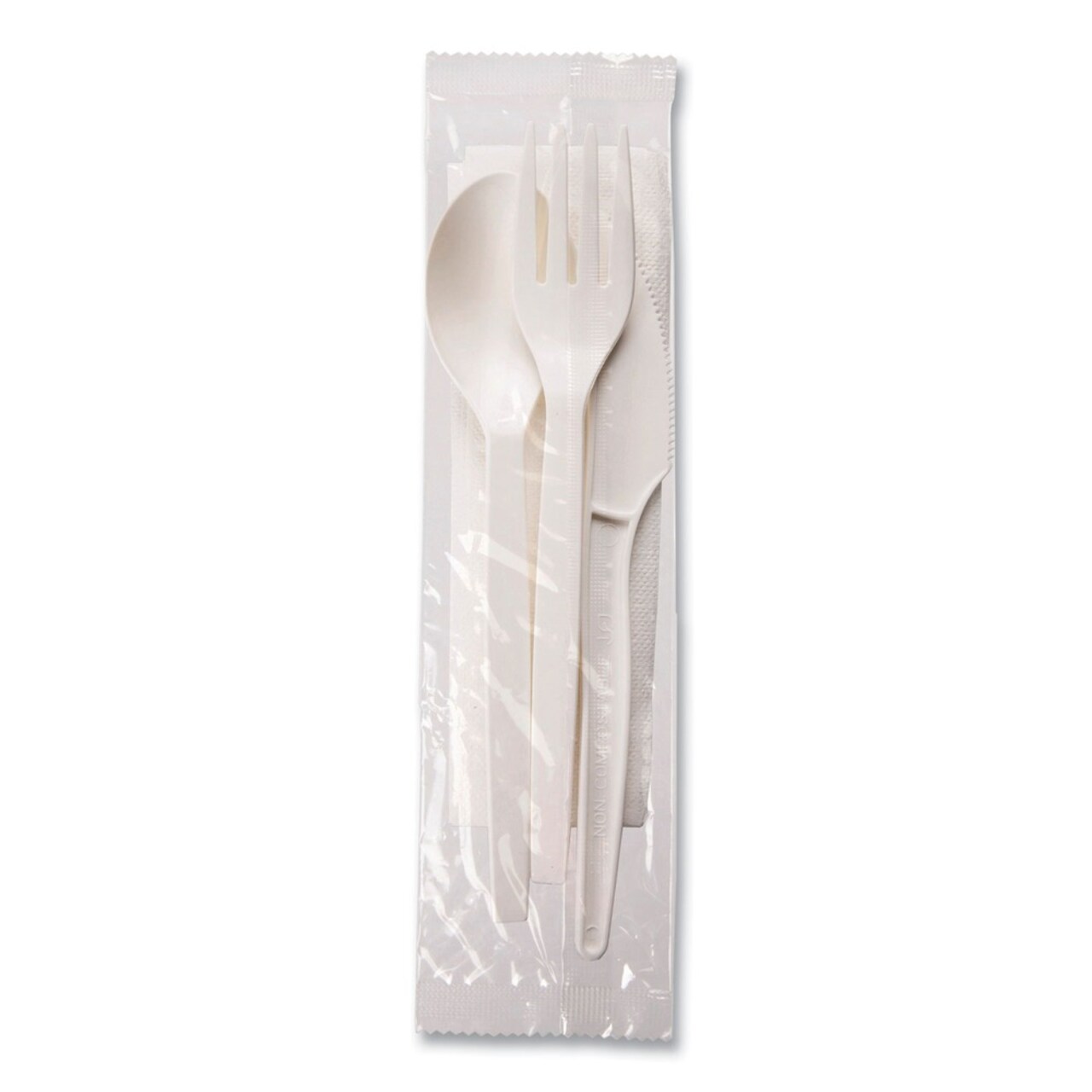 WNA EcoSense Renewable PSM Wrapped Plastic Fork/Knife/Napkin/Spoon Cutlery Kit - White (250/Carton)